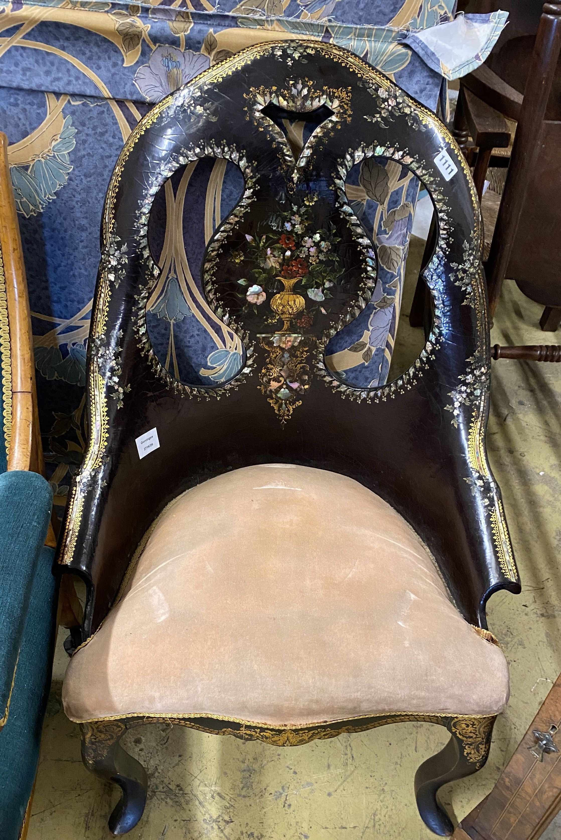 A late 19th century mother of pearl inlaid painted papier mache salon chair, width 58cm, depth 46cm, height 96cm